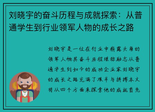 刘晓宇的奋斗历程与成就探索：从普通学生到行业领军人物的成长之路