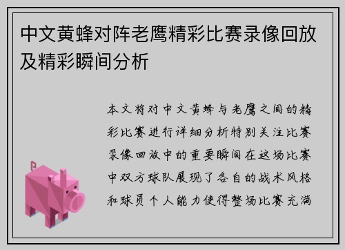 中文黄蜂对阵老鹰精彩比赛录像回放及精彩瞬间分析
