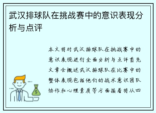 武汉排球队在挑战赛中的意识表现分析与点评