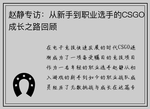 赵静专访：从新手到职业选手的CSGO成长之路回顾