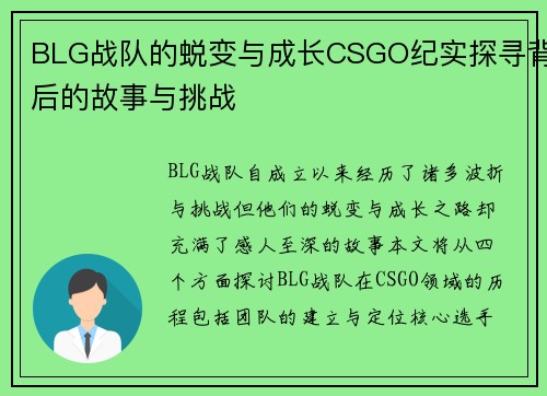 BLG战队的蜕变与成长CSGO纪实探寻背后的故事与挑战