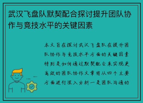 武汉飞盘队默契配合探讨提升团队协作与竞技水平的关键因素