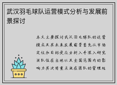 武汉羽毛球队运营模式分析与发展前景探讨