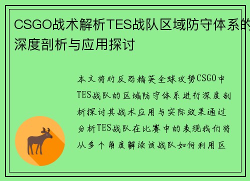 CSGO战术解析TES战队区域防守体系的深度剖析与应用探讨